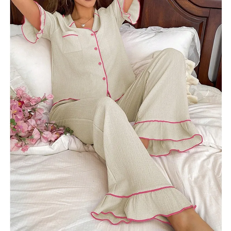Pyjama Doux pour Femmes Haut Et Bas Passepoil Contrasté Revers Boutons Manches Courtes Vêtements d'Intérieur Lounge Wear