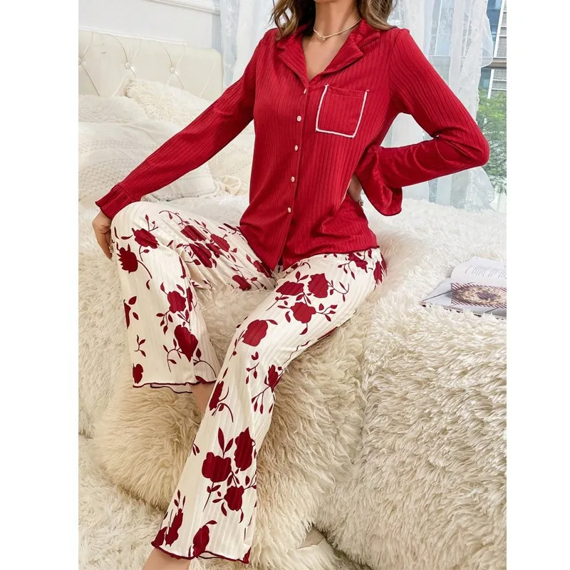 Women's Sweet Floral Pajama Set Ribbed Knit Top And Bottom Long Sleeve Lapel Cardigan Loungewear Two-Piece Spring Autumn Wear