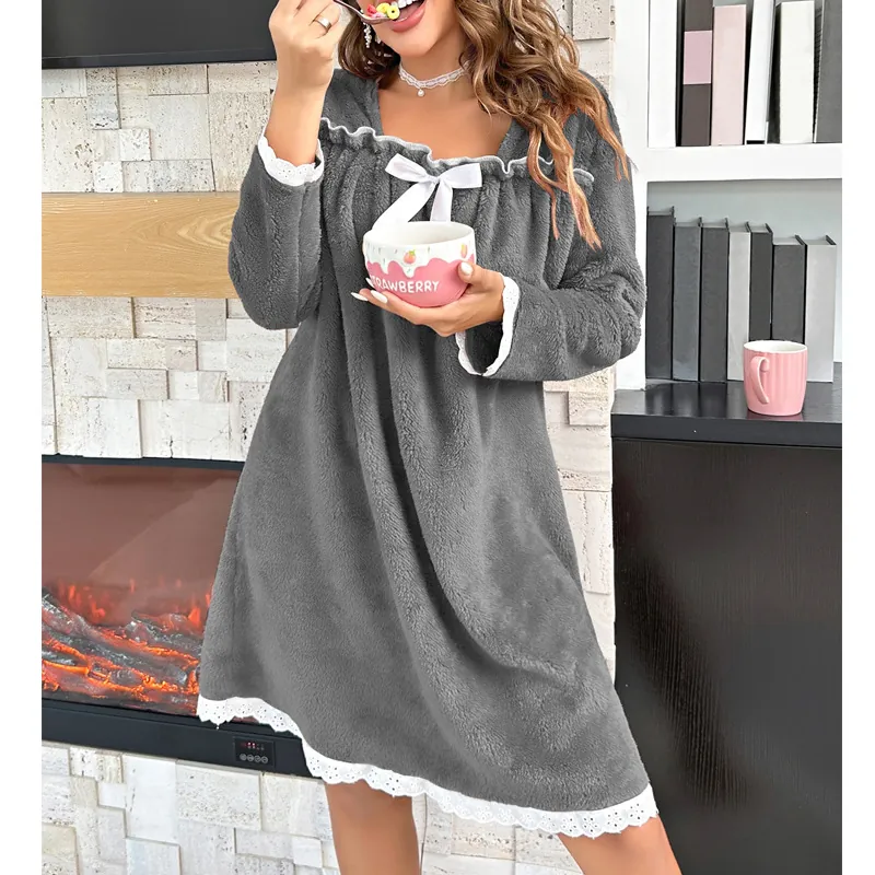 Süßes Spitzen Korallenvlies Nachthemd Für Damen Langarm Warmes Winter Nachtkleid Mit Schleife Weiche Hauskleidung