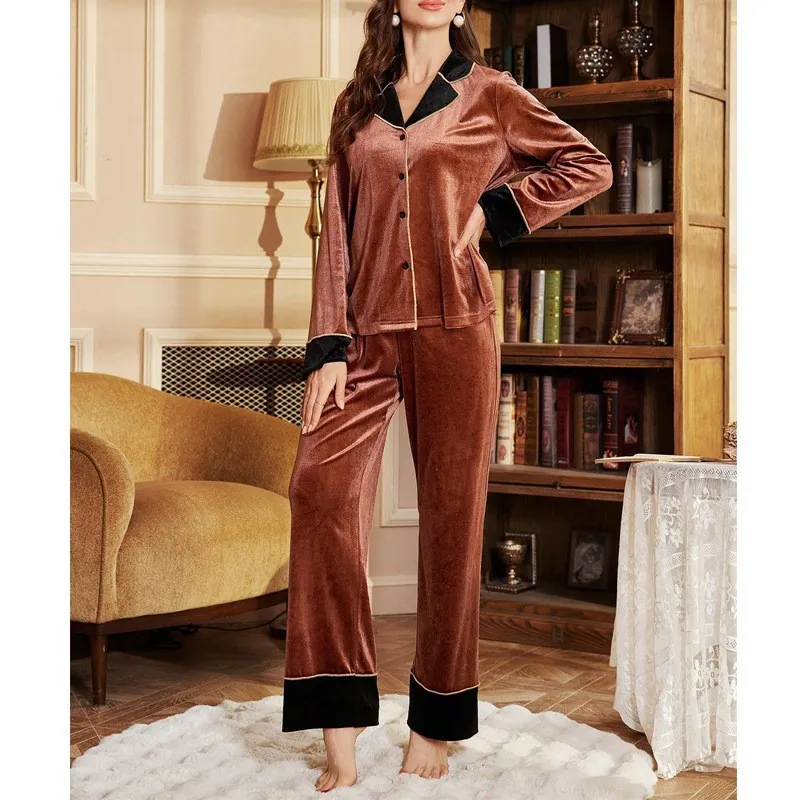 Women Velvet Pajama Top And Bottom Cardigan Sleepwear Set Luxurious V Neck Long Sleeve Contrast Piping Homewear Nightwear