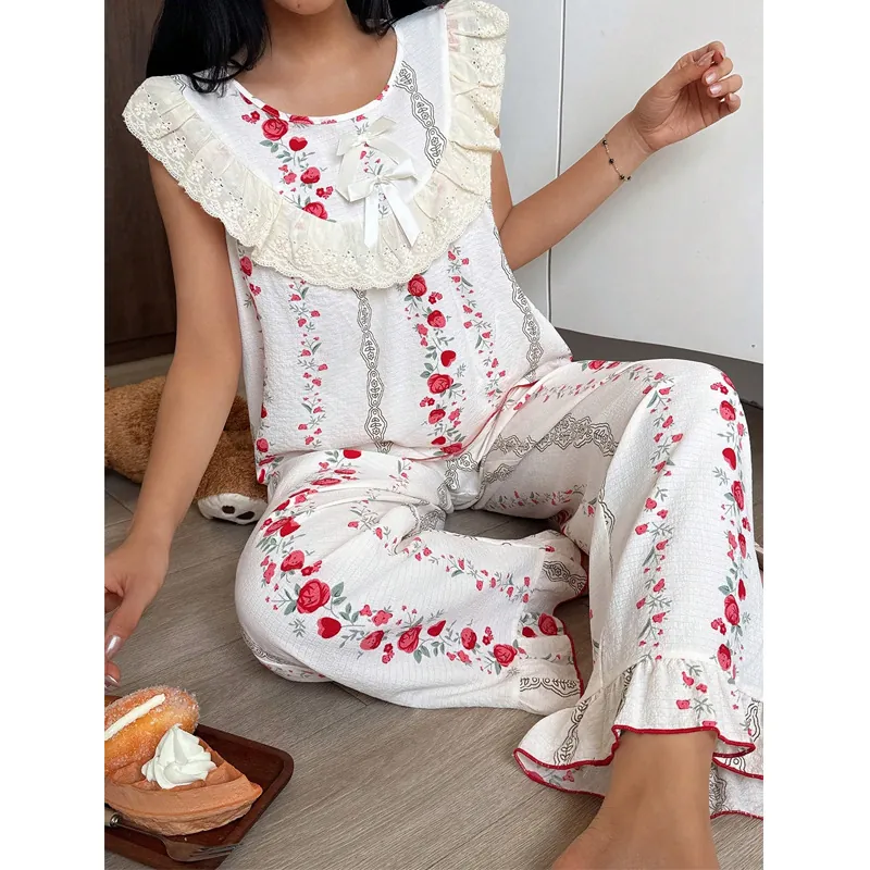 Women Sweet Rose Floral Print Pajama Set Sleeveless Lace Trim Top And Ruffle Hem Pants Comfortable Home Wear