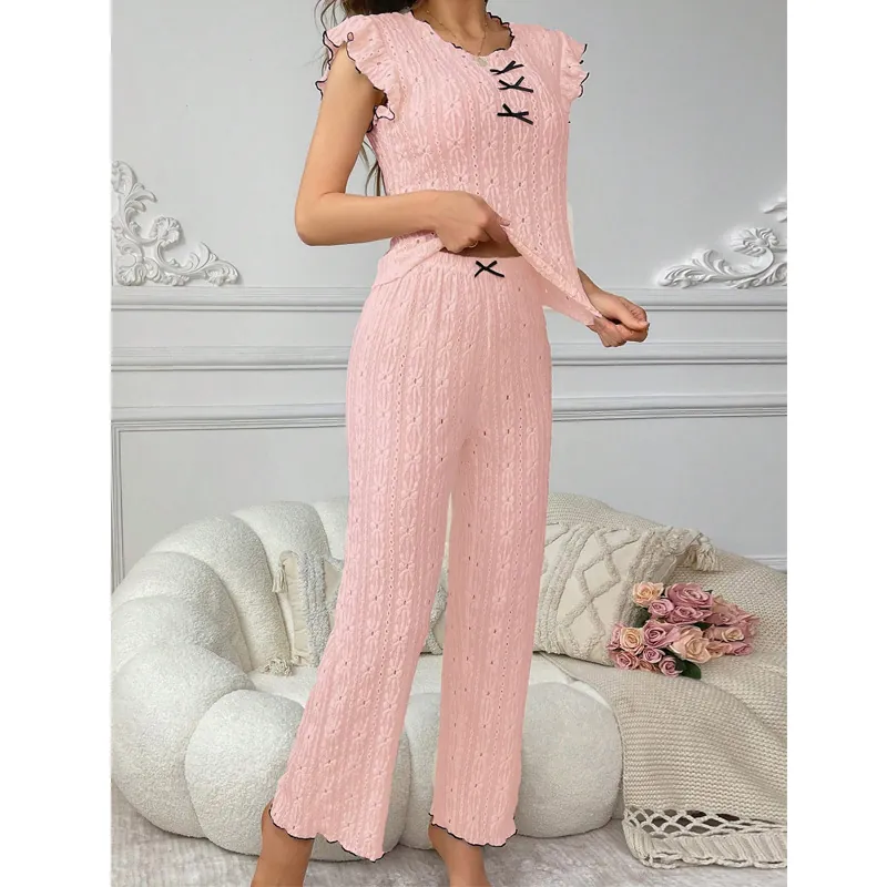 Women Sweet Bow Pajamas Hollow Out Pointelle Round Neck Fly Sleeve Top And Full Length Pants Loungewear Home Wear