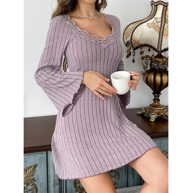 Women V-Neck Lace Trim Flare Sleeve Ribbed Knit Mini Dress Casual Comfortable Solid Color Loungewear Nightgown Dress