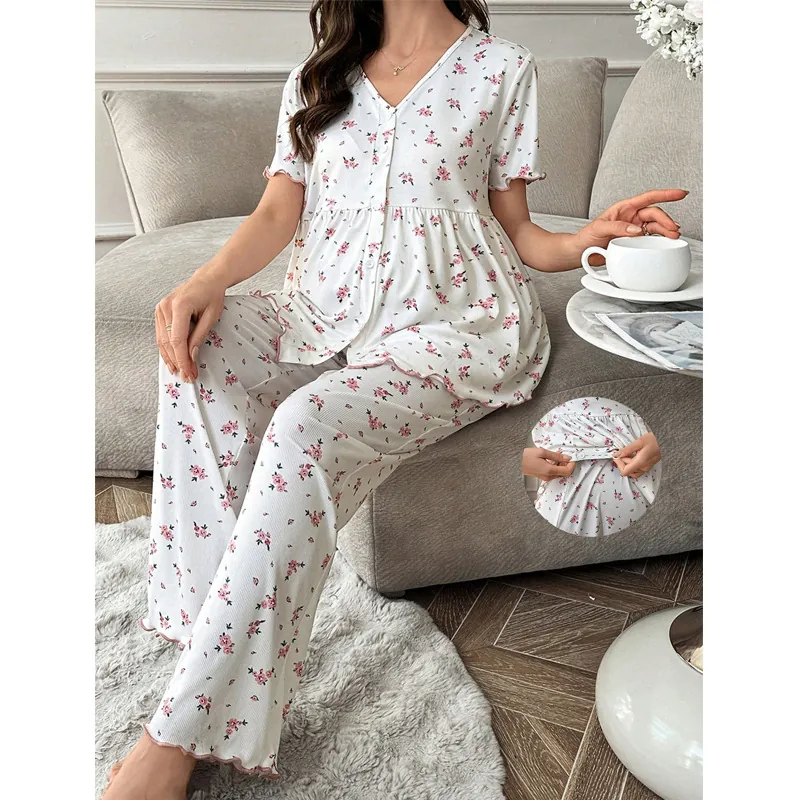 Women's Maternity Loungewear Top And Pants Floral Print Pajamas V Neck Button Short Sleeve Sleepwear Adjustable Waist