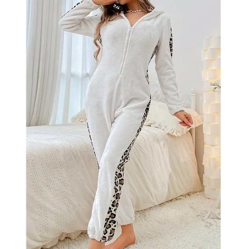 Women Hooded Fleece Onesie Pajamas Leopard Print Long Sleeve Zipper Warm Plush Loungewear Romper Home Wear Jumpsuit