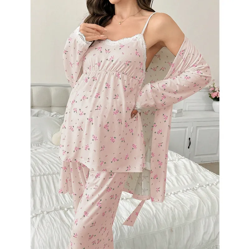 Maternity Floral Printed Cotton Blend Loungewear Pajamas For Women Sweet V-Neck Lace Trim Cardigan Top And Bottom Home
