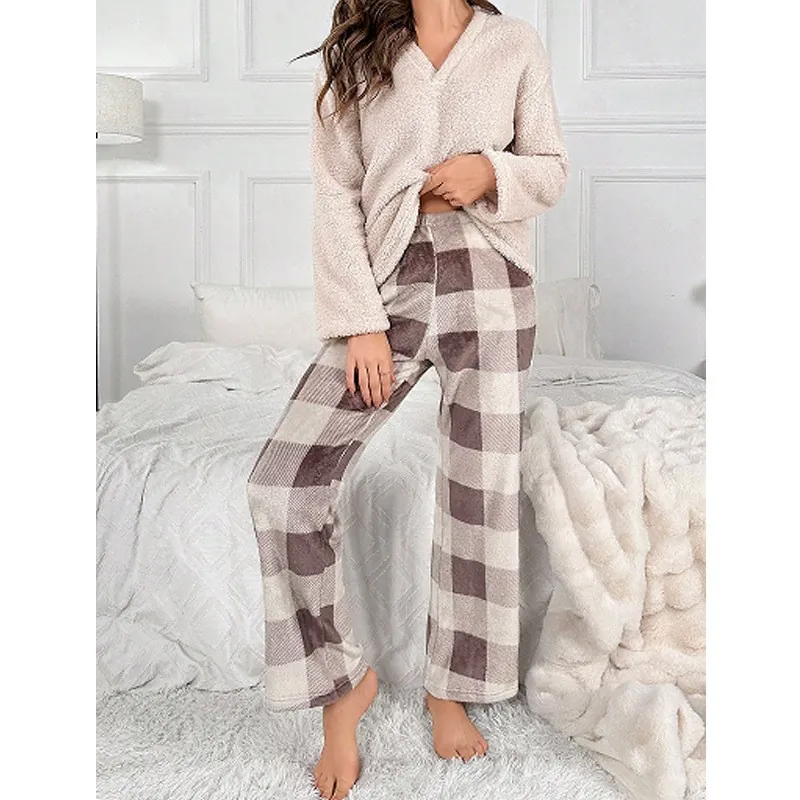 Haut De Pyjama En Polaire Douce Et Pantalon Droit À Carreaux Pour Femmes Vêtements De Détente D'Hiver Chauds Et Épais