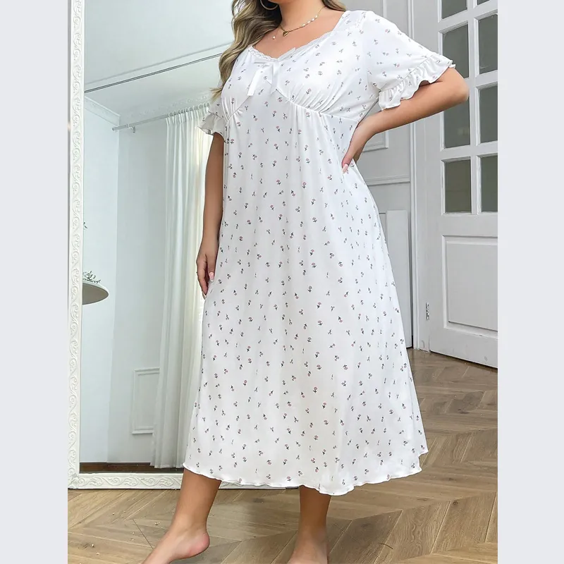 Nuisette Femme Grandes Tailles Floral Dentelle Col en V Manche Papillon Décontracté Ample Maxi Vêtement de Nuit Doux