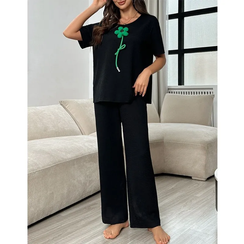 Pyjama Femme Haut Manches Courtes Et Pantalon Large Avec Décoration Florale 3D Noir Homewear Texture Gaufre Vêtement Maison