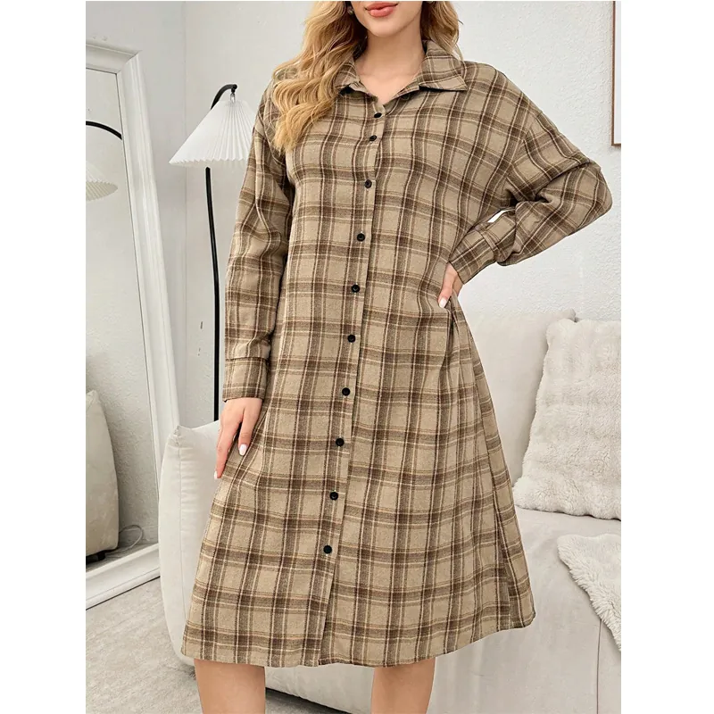Women's Casual Plaid Long Sleeve Nightgown Lapel Button Down Sleep Dress Vintage Loungewear Home Wear For Women