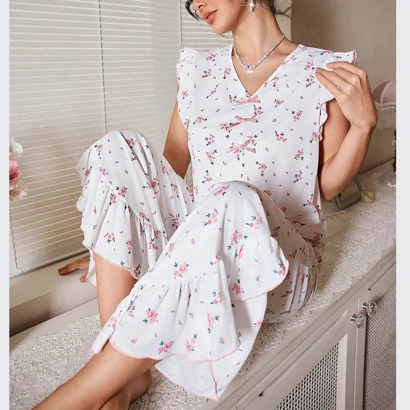 Women Sweet Floral Printed Pajama Top And Bottom Sleeveless V Neck Ruffle Hem Bow Decor Homewear Loungewear