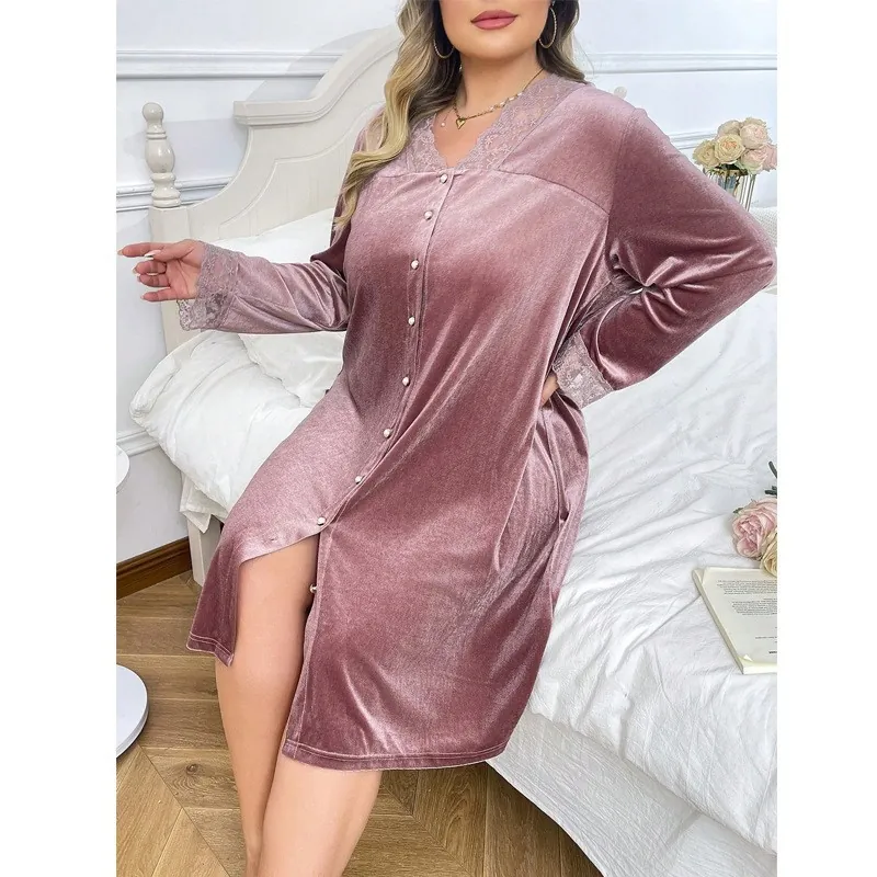 Women Plus Size Velvet Nightgown Lace Trim V Neck Long Sleeve Sleepwear Button Front Lounge Dress Elegant Home Wear