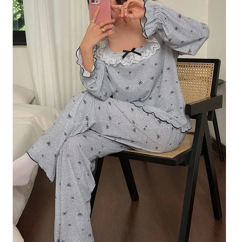Women Sweet Lace Square Neck Pajama Set Gray Cotton Blend Bow Print Long Sleeve Top And Bottom Ruffle Trim Homewear