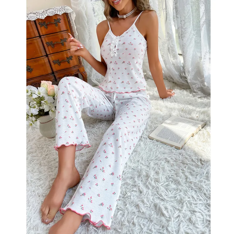 Women Sweet Floral Pajama Outfit Lace Trim Cami Top And Long Pants Waffle Knit Loungewear Sleepwear Homewear For Daily