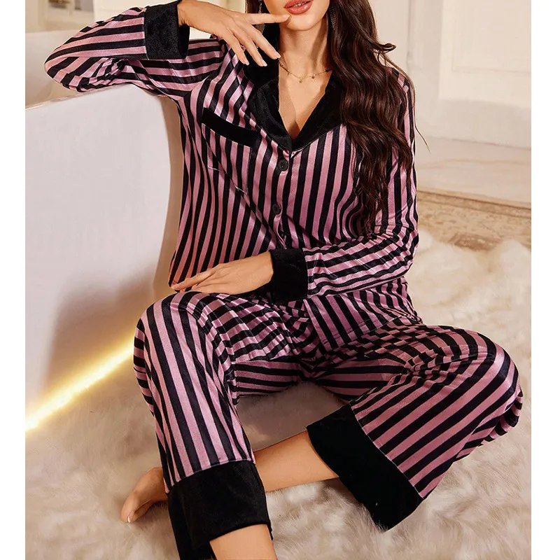 Women's European Striped Satin Pajama Set Long Sleeve Top And Bottom Comfortable Lapel Cardigan Loungewear Nightwear