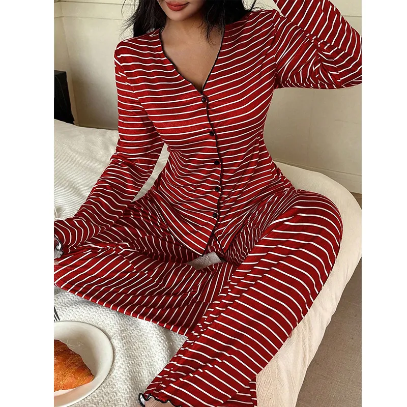 Pyjama Rayé à Col en V pour Femmes Haut Cardigan à Manches Longues et Pantalon Long Vêtements de Nuit Décontractés