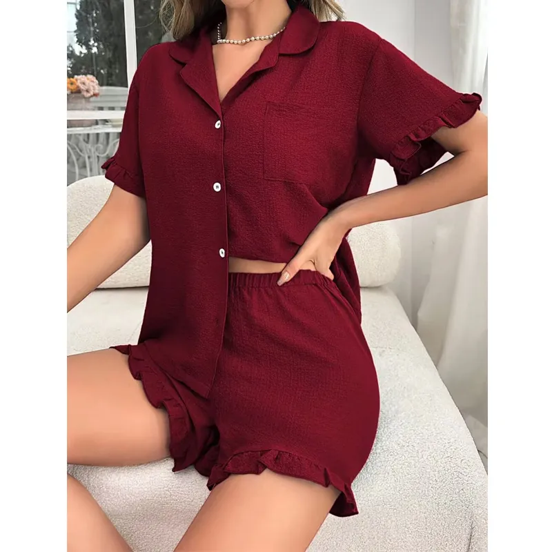 Women's Short Sleeve Pajama Top And Bottom Lapel Button Down Sleepwear With Ruffle Trim Textured Polyester Loungewear Summer