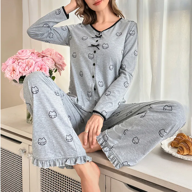 Women's Cute Cartoon Bear Print Pajama Set Long Sleeve V-Neck Top And Bottom Loungewear With Lettuce Edge Trim Grey