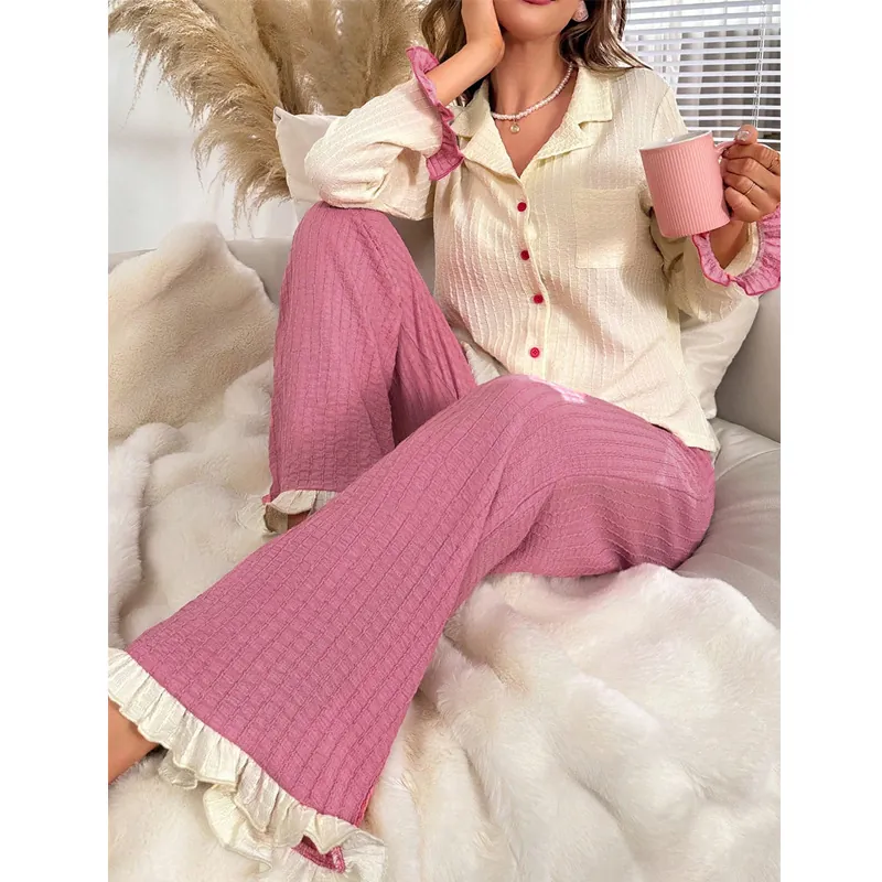 Sweet Ruffle Color Block Waffle Texture Pajama Set For Women Western Style Long Sleeve Lapel Top And Long Pants Loungewear