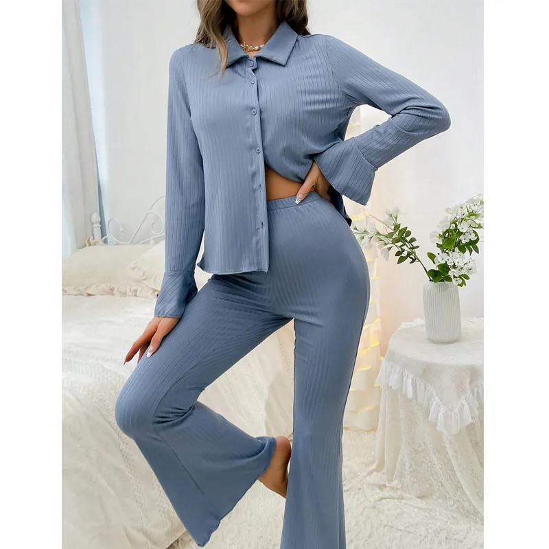 Women's Ribbed Knit Loungewear Set Flare Sleeve Button Down Top And Wide Leg Bottom Pajamas Soft Home Wear