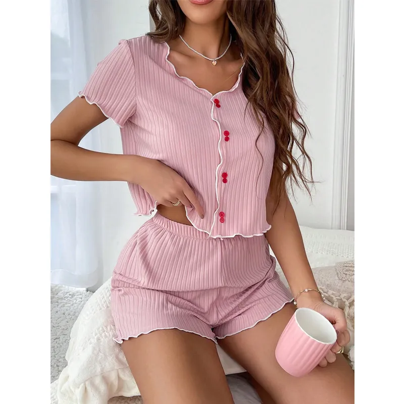 Haut de Pyjama Rose Côtelé Et Short Femme Manches Courtes Col en V Bordure Laitue Vêtements d'Intérieur Nuit