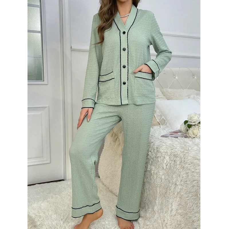 Women Sage Green Long Sleeve Pajamas Contrast Piping Button Down V Neck Loungewear Textured Fabric Top And Pants