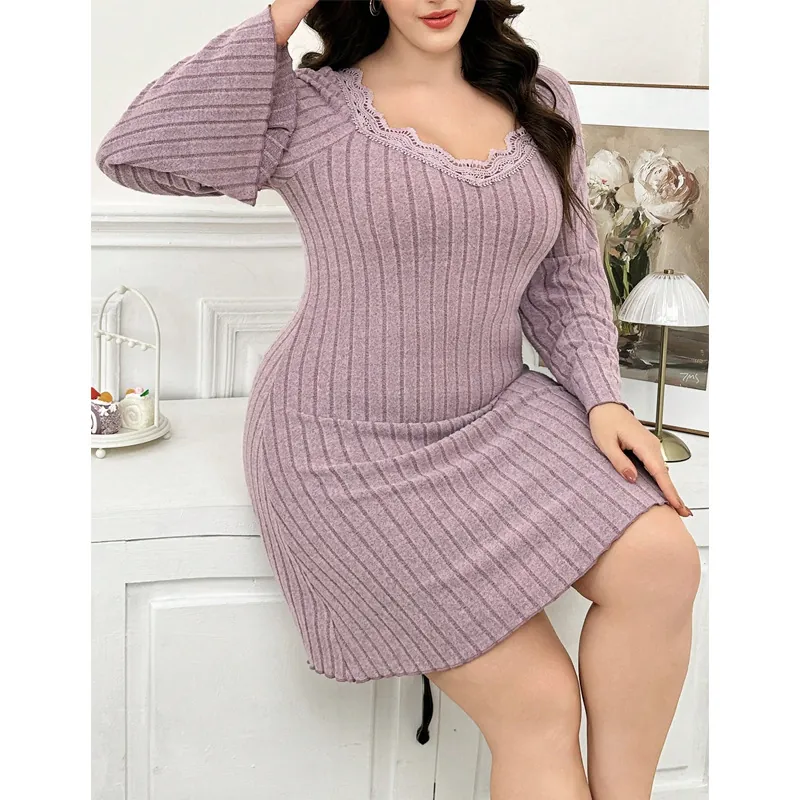 Women Plus Size V Neck Lace Trim Ribbed Knit Nightgown Long Bell Sleeve Lavender Lounge Dress Elegant Sleepwear