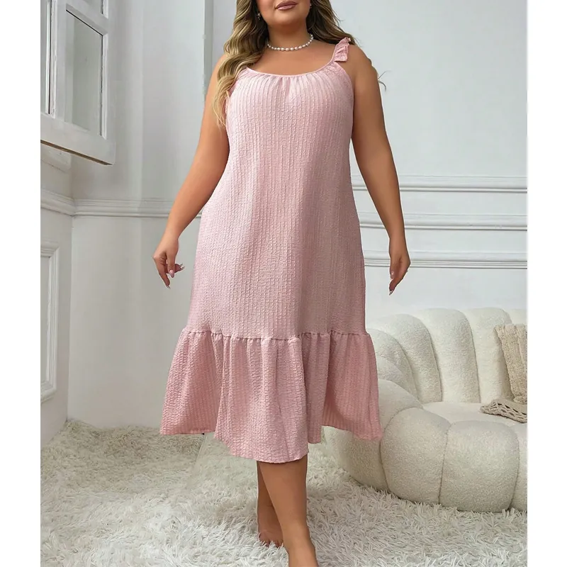 Plus Size Women Pink Textured Ruffle Strap Dress Sexy Smocking Sleeveless Nightdress Summer Casual Home Wear Nightgown