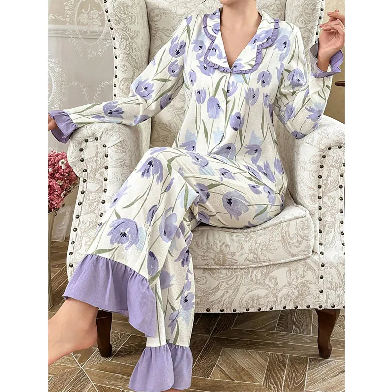 Ensemble de Pyjama Imprimé Tulipes pour Femmes en Mélange de Coton avec Volants Revers Haut à Manches Longues et Pantalon Vêtements d'Intérieur Style Occidental Cadeau pour Femme
