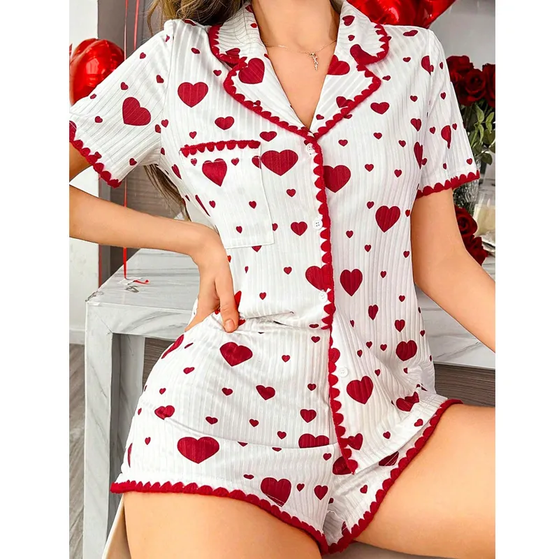 Women's Heart Print Pajama Set Short Sleeve Lapel Button Up Top And Bottom Loungewear Summer Sweet Ribbed Knit Sleepwear