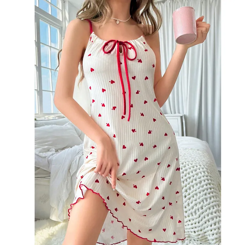 Women's Heart Print Slip Nightdress Ribbed Knit Sleeveless Chemise Sleepwear With Bow Knot Lettuce Edge Hem Casual Home Dress