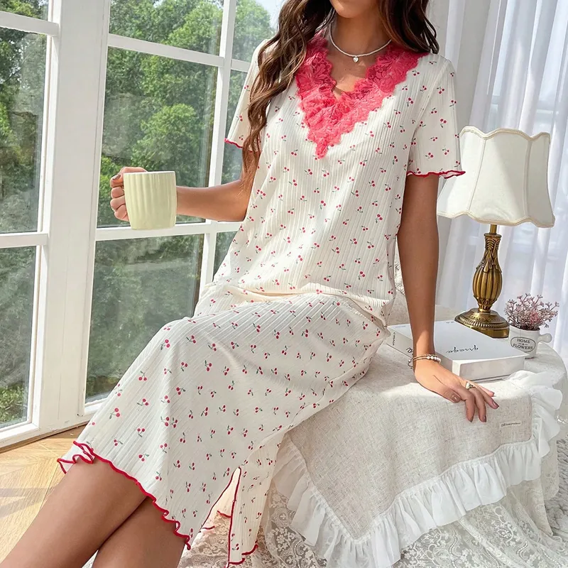 Sweet Women Summer Cherry Print Nightdress Lace V-Neck Short Sleeve Ruffle Hem Comfortable Casual Home Wear Lounge Sleepwear Dress