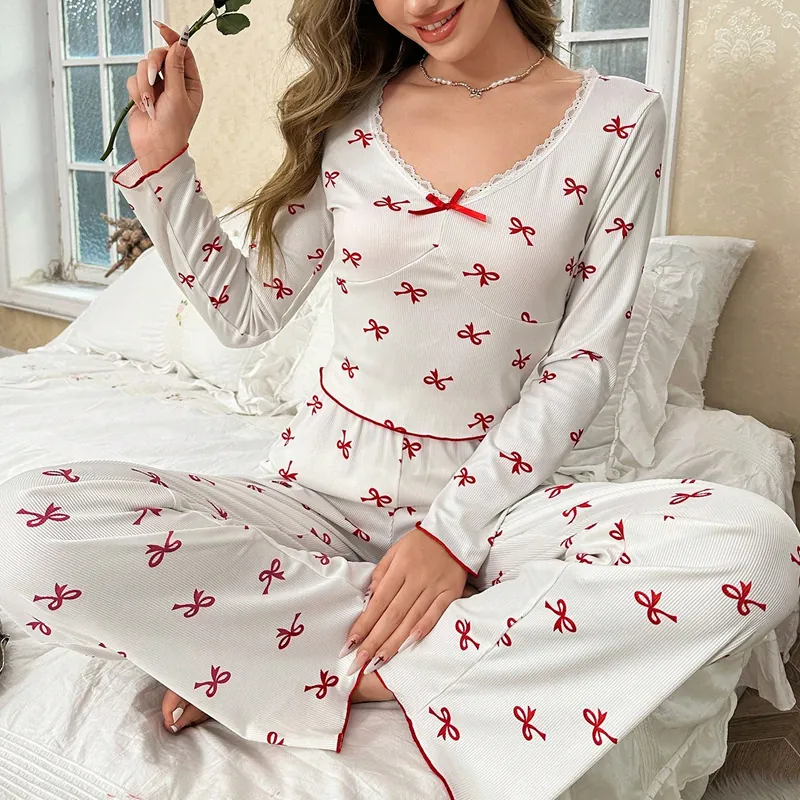 Vêtements de Détente Femme Imprimé Nœud Col en V Dentelle Haut à Manches Longues Et Pantalon Large Pyjama en Maille Confortable