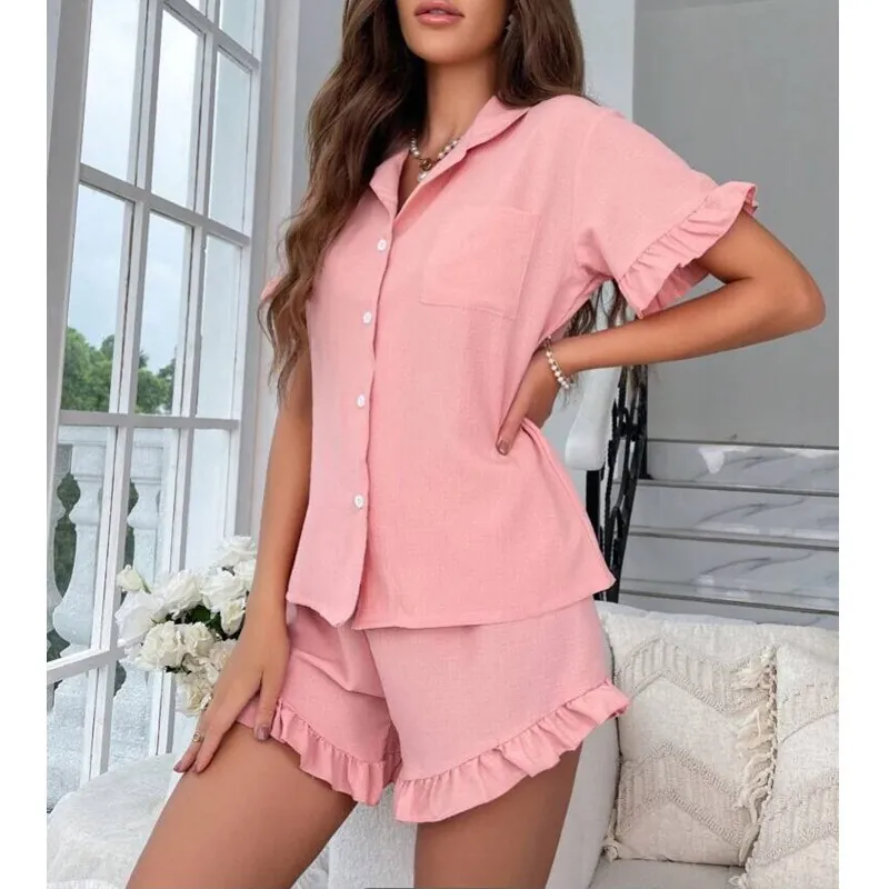 Women Short Sleeve Notched Lapel Button Down Pajamas Ruffle Hem Shorts Casual Comfortable Summer Homewear Cotton Blend Loungewear