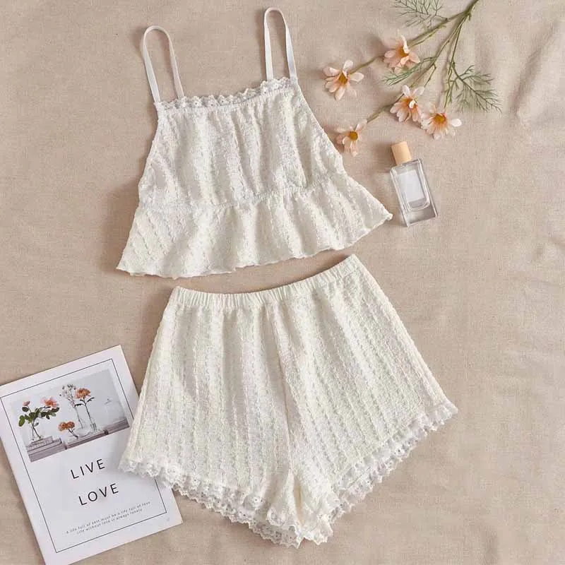 Women Sweet Lace Trim Pajama Top And Bottom Sleeveless Ruffle Hem Cami Loungewear Soft Breathable Sleepwear