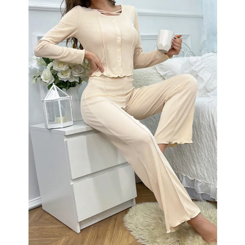 Women's Ribbed Loungewear Set Solid Color Long Sleeve Button Top And Wide Leg Pants Soft Pajama Set Top And Bottom