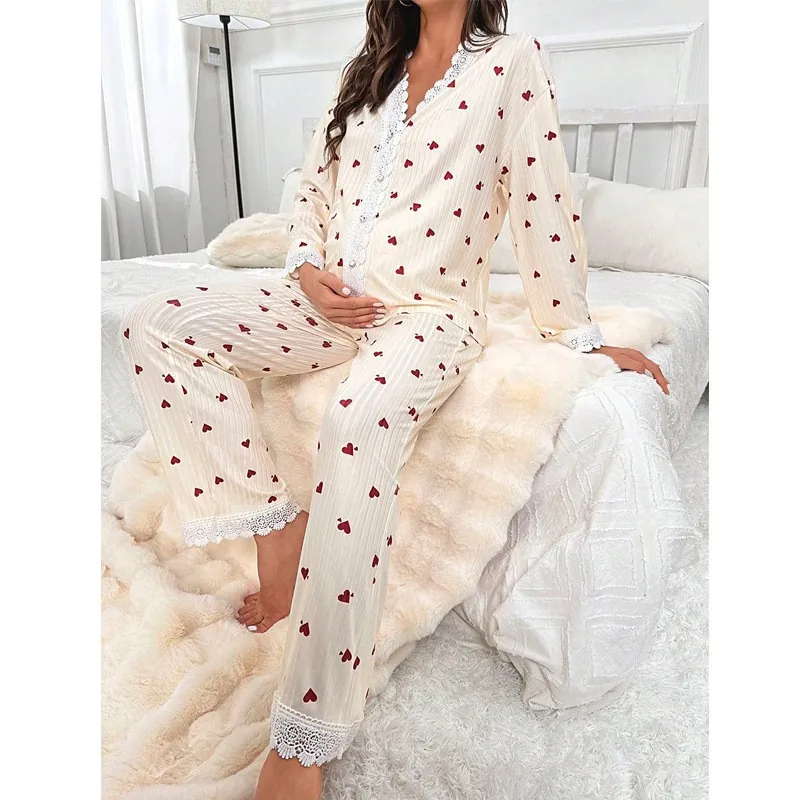 Women's Heart Print Maternity Pajama Set Lace Trim V-Neck Cardigan Long Sleeve Top And Bottom Sweet Loungewear