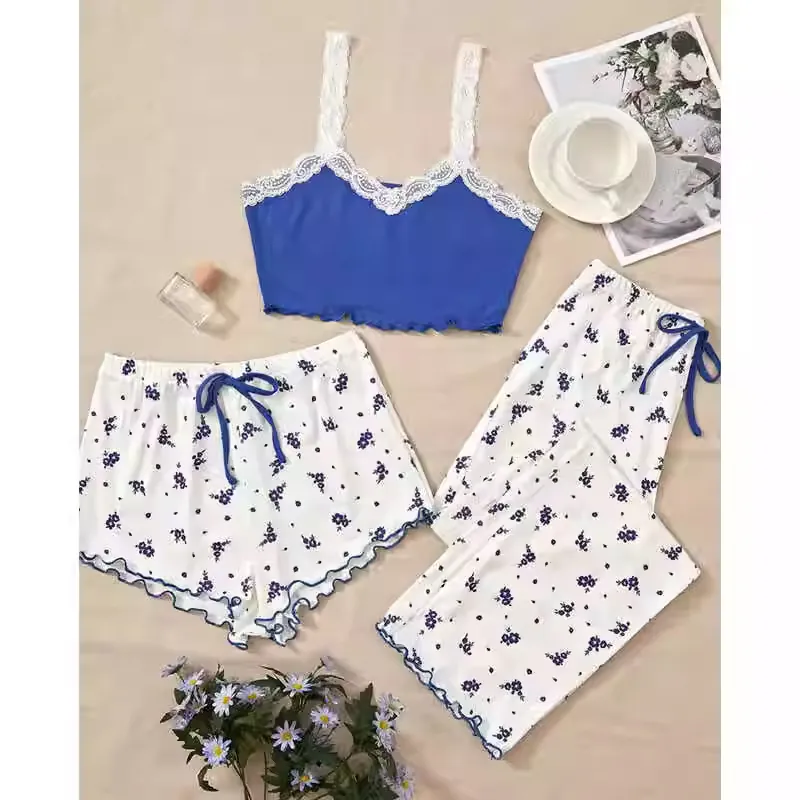 Caraco Côtelé pour Femmes avec Bordure en Dentelle Col en V et Short et Pantalon Imprimé Floral Pyjama Homewear