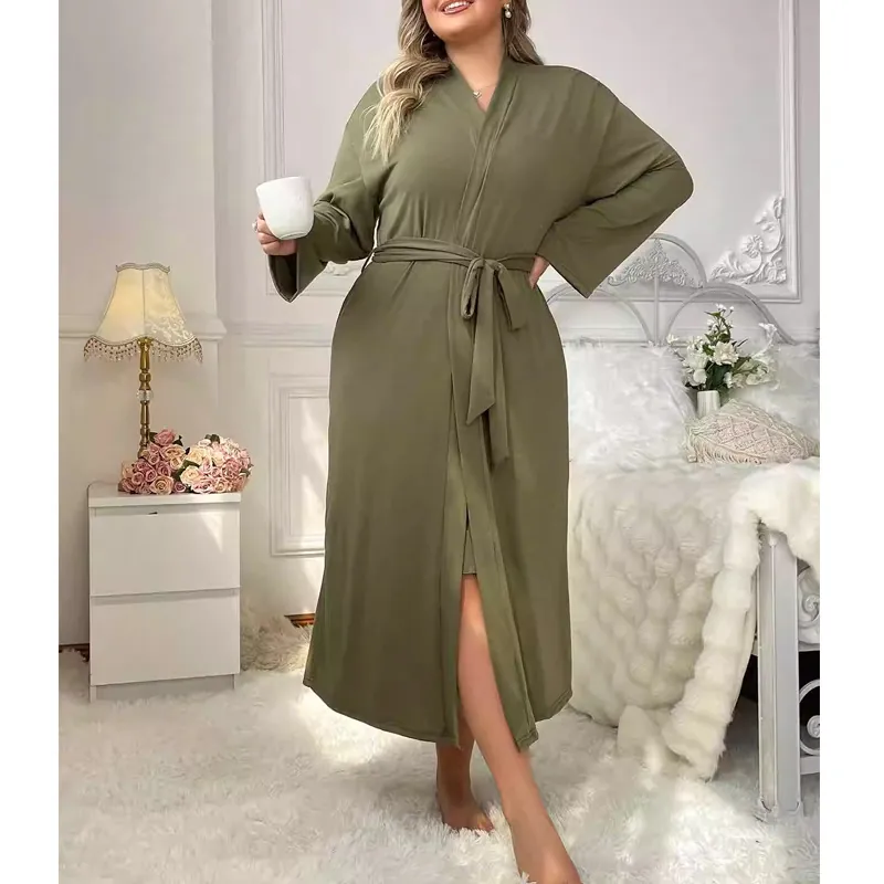 Übergrößen Damen Loungewear Oberteil Und Unterteil Armeegrün V Ausschnitt Camisole Maxi Kleid Und Langarm Morgenmantel