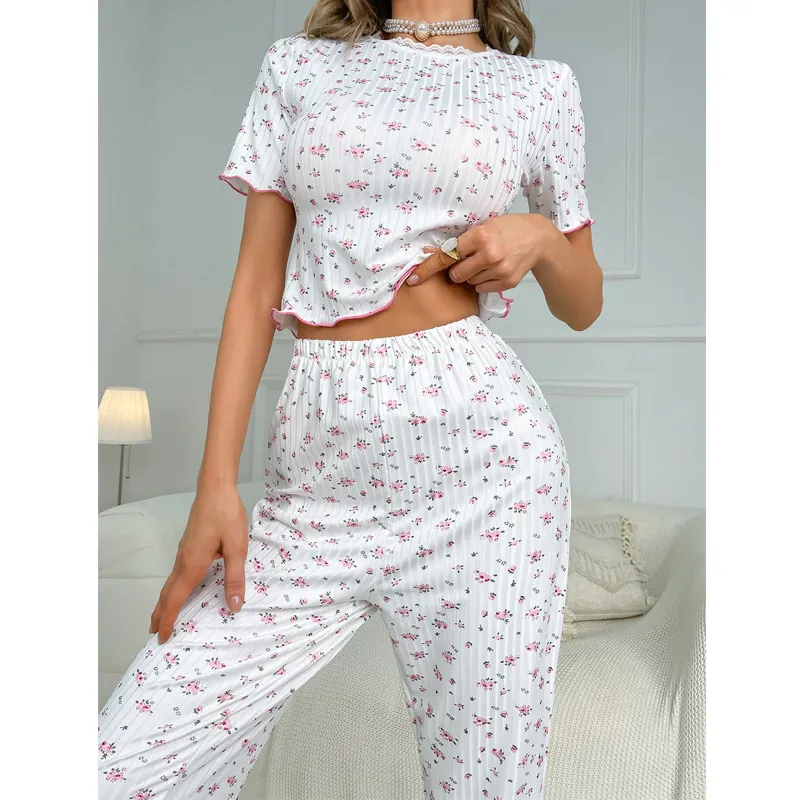 Women Floral Print Pyjama Set Ribbed Knit Top And Bottom Long Pants Loungewear Ruffle Hem Sweet Nightwear Set Spring Summer