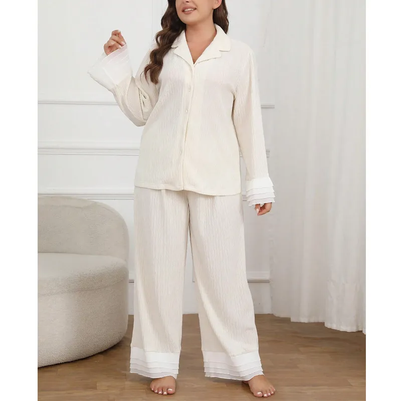 Women Plus Size Loungewear Plisse Pleated Pajamas Button Down Long Sleeve Top And Ruffle Hem Pants Sleepwear Elegant Beige