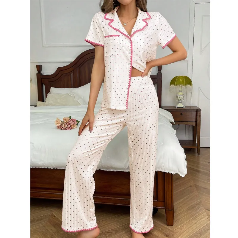 Women Sweet Heart Print Pajamas Set Short Sleeve Lapel Button Top And Long Pants Scalloped Trim Ribbed Home Wear Nightwear