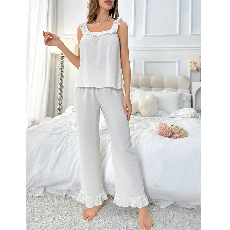 Pyjama Femme Blanc Swiss Dot Sans Manches Col Carré Caraco Top Et Pantalon Long Volants Loungewear Vêtements de Nuit