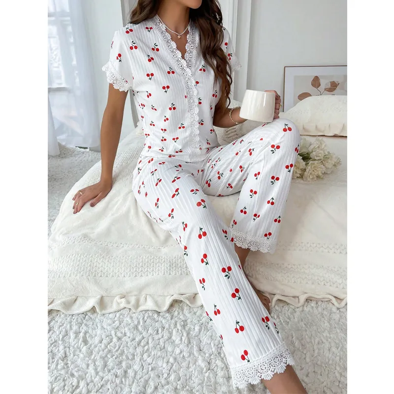 Women Cotton Blend Sweet Cherry Print Pajama Set Lace Trim V-Neck Short Sleeve Top And Bottom Sleepwear For Summer