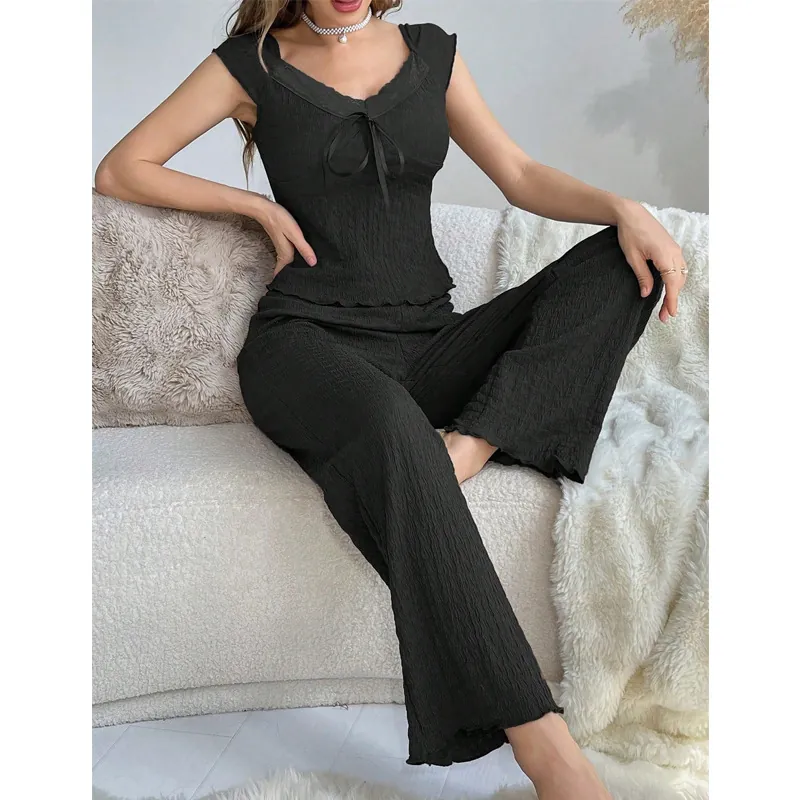 Completo Pigiama da Donna Dolce con Scollo a V e Pizzo Top And Bottom Texture Increspata Top Senza Maniche e Pantaloni Lunghi