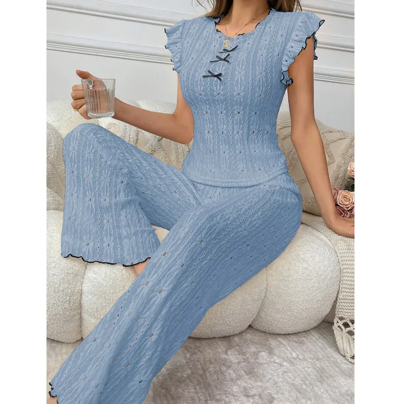 Women Sweet Loungewear Pajamas Eyelet Lace Hollow Out Top And Long Pants Ruffle Trim Bowknot Sleepwear Casual Home Clothes