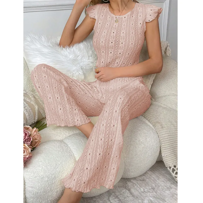 Women Sexy Backless Hollow Out Eyelet Top And Wide Leg Pants Top And Bottom Sophisticated Sleeveless Lounge Home Wear