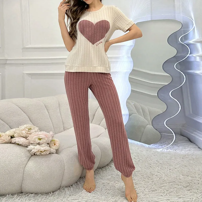 Women's European Style Heart Pattern Ribbed Pajama Set Short Sleeve Top And Long Pants Casual Lounge Wear Nightwear