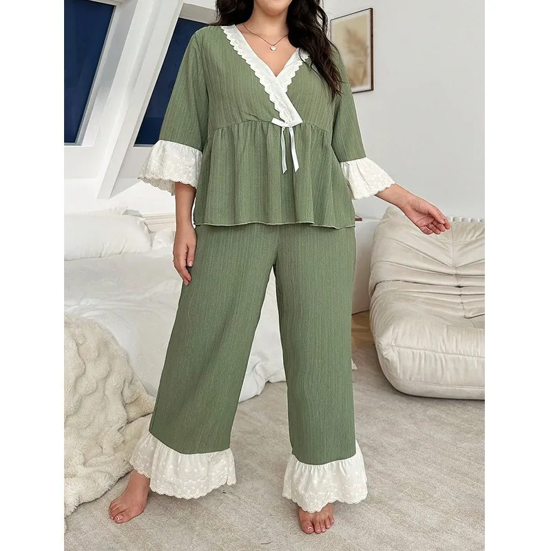 Women's Plus Size Pajama Set Western Style V-Neck Lace Trim Wrap Top And Wide Leg Pants Soft Olive Green Loungewear