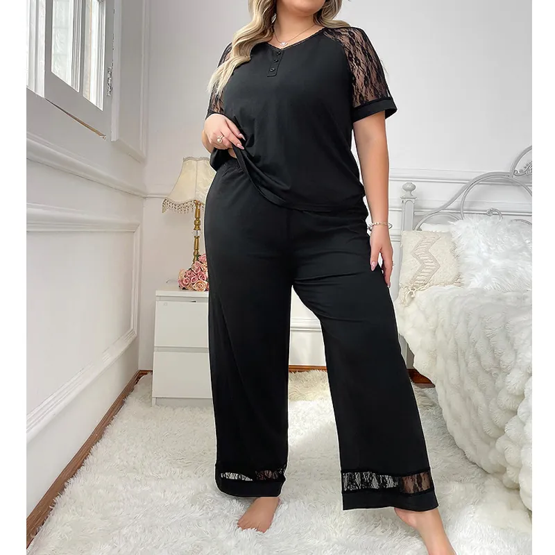 Plus Size Women Pajama Set Lace Patchwork V Neck Short Sleeve Top And Long Pants Comfortable Casual Loungewear Home Clothes